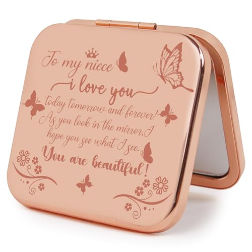 Small Compact Mirror, Rosegold Square 2.8”×2.8” Metal Frame Smooth Style Double Sided Mini Magnifying 1X/2X Mirror for Purse Can be Used as Gifts for Woman (RGNe02) - color: Rgniece02