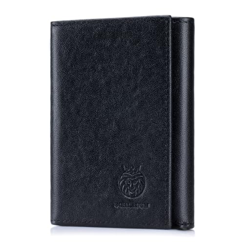 Trifold Wallets for Men RFID Blocking Full Grain Leather Short Mens Wallet with Snap Closure, 8 Card Slots, Clear ID Window, Black - color: Black
