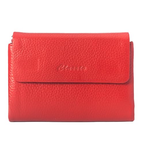 Women's Bifold Wallet, Genuine Leather, Magnetic, ID Window | Holds 10+ Cards, 2 Zip Coin Pockets, Pebbled Cowhide, Snap Closure, Large Capacity, Multiple Colors, Compact 5.5x3.9in - color: B-Red