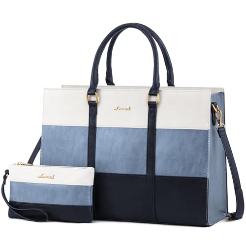 LOVEVOOK Laptop Bag for Women, 17.3 Inch Laptop Tote Bag, Vintage Leather Work Bags for Women, Waterproof Computer bag with Clutch Purse, Large Capacity Briefcase, Business Office Bag - color: White - Blue, size: 17.3 inch