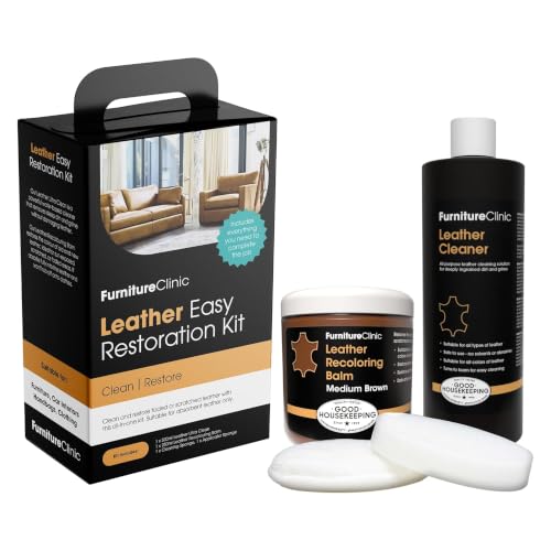 Furniture Clinic Leather Easy Restoration Kit | with Leather Recoloring Balm, Cleaner, Sponge, and Cloth | Leather Repair Kit for Scratched and Faded Furniture (Medium Brown) - color: Medium Brown, size: Easy Kit