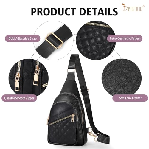 Sling Bag for Women Crossbody Leather Fanny Packs Chest Bag Fashion Sling Backpack Travel JASGOOD - color: Black-gold Hei