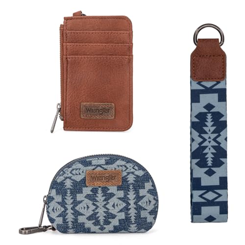 Wrangler Aztec Keychain Wristlet Wallets for Women Western Dual Pouch Wristlet Credit Card Holder Wallet with Zipper Pocket WG2212-W0051JN - color: Retro Jean