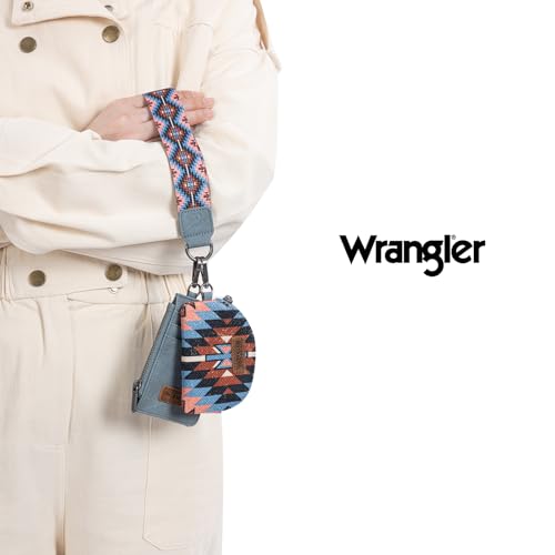 Wrangler Aztec Keychain Wristlet Wallets for Women Western Dual Pouch Wristlet Credit Card Holder Wallet with Zipper Pocket WG2213-W0051NY - color: Angel Navy