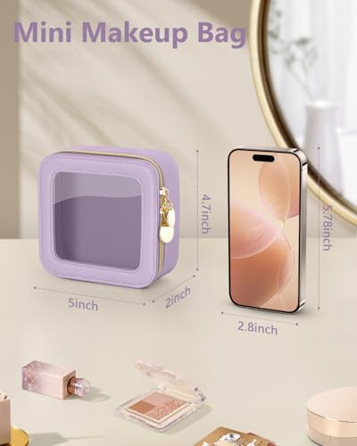 Soimeat Mini Makeup Bag, Small Makeup Bag for Purse, Waterproof Clear Makeup bag, Leather Cosmetic Bag, Square Make Up Bag Pouch, Toiletry Bag for Travel, Car and Women, Purple - color: Purple, size: Mini