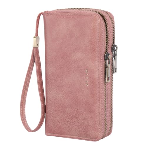 GOIACII Wristlet Wallets for Women 2 Zip Around Ladies Clutch Pink | RFID Blocking, Vegan Leather, Large Capacity, Credit Card Holder, Phone Holder Purse - color: Pink