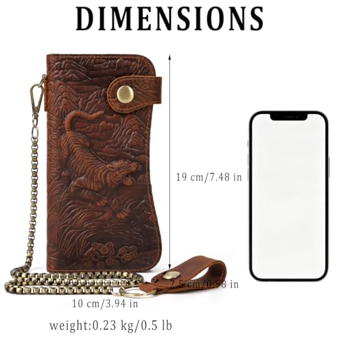 Motorcycle Chain Wallet for Men Tri-fold Long Biker Wallet with Heavy Duty Chain for Bikers Truckers Hunters - color: 10-Brown with Tiger