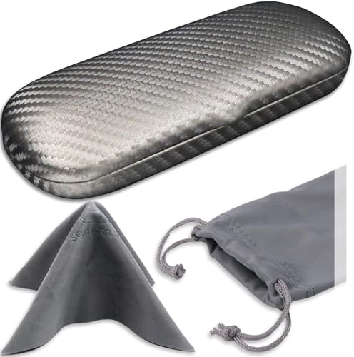 MyEyeglassCase Men Small Glasses case - Eyeglasses Hard Shell Holder Pouch & Cloth-Reading Slim & Narrow Case Heavy Duty - color: S5 Carbon Silver