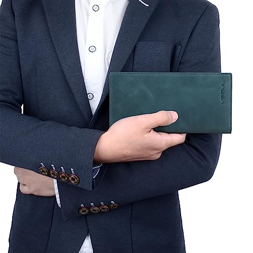 VISOUL Leather Checkbook Cover Wallet for Men with RFID Blocking, Mens Long Bifold Cash Tall Wallet with 11 Credit Card Slots 1 ID Window (Dark Blue) - color: Dark Blue