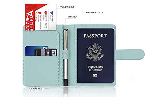Melsbrinna Premium Leather Passport Holder Covers Case, Waterproof Rfid Blocking Travel Wallet Passport Holder with Pen Holder, Cute Passport Book for Women/Men - color: AD-Aqua green