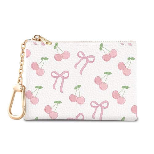 Cherry Bow Keychain Cute Coin Purse for Women, Small Change Pouch | Zipper Key Chain Purse, Little Mini Zip Pocket, PU Leather, Travel Wallet for Girls, Coin Cash Holder, Key Ring, Women Gifts - color: Coquette Bow