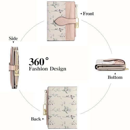 GAEKEAO Small Wallets for Women RFID Blocking Bifold Floral Vegan Leather Wallet Card Holder with Zipper Pocket ID Window - color: A03-Pink