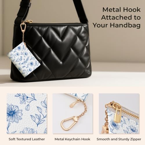 Blue Flower Keychain Coin Purse for Women, Small Change Pouch | Zipper Key Chain Purse, Little Tiny Zip Pocket, PU Leather, Travel Wallet for Girls, Cute Coin Holder, Key Ring, Women Gifts - color: Abstract Blue Flower