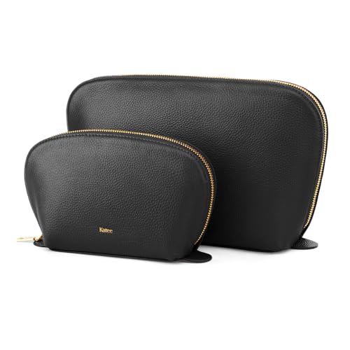 Kattee Leather Makeup Bag Set for Women, 2 Pack, Black - color: Black, size: 2-Pack, Medium+Large