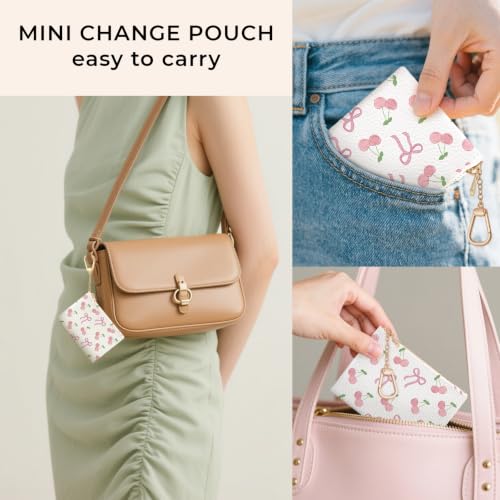 Cherry Bow Keychain Cute Coin Purse for Women, Small Change Pouch | Zipper Key Chain Purse, Little Mini Zip Pocket, PU Leather, Travel Wallet for Girls, Coin Cash Holder, Key Ring, Women Gifts - color: Coquette Bow