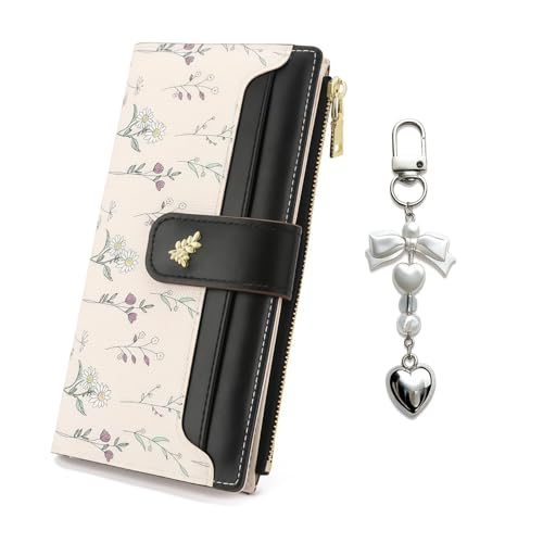 Women's Bifold Long Wallet, Slim & Thin RFID Blocking Floral Vegan Leather Card Holder with Bow Keychain (Black) - color: Black