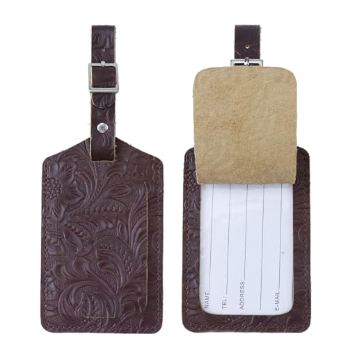 Genuine Leather Luggage Tags & Bag Tags 2 Pieces Set - color: Coffee Flower