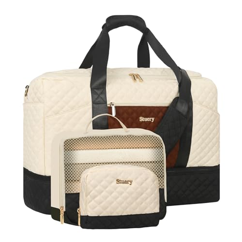 Stuery Weekender Bags for Women with Toiletry Bags: Large Overnight Bags Travel Duffel Bag Carry On Shoulder Weekend Tote with Shoe Compartment and Wet Pocket for Girls Airplane Traveling - color: A-3PCS White Brown Black