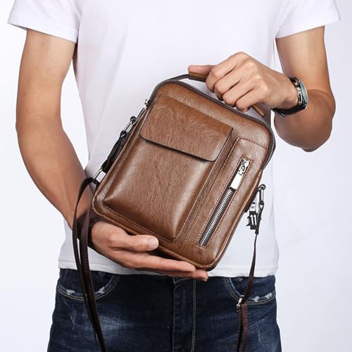 Crossbody Bag for Men, PU Leather Shoulder Messenger Bag with Handle - color: Brown-a