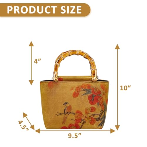 Tote Bag, Satin Oil Painting Handbags, Natural Bamboo Handle, Bohemian Shoulder Bag Suitable for Travel Daily