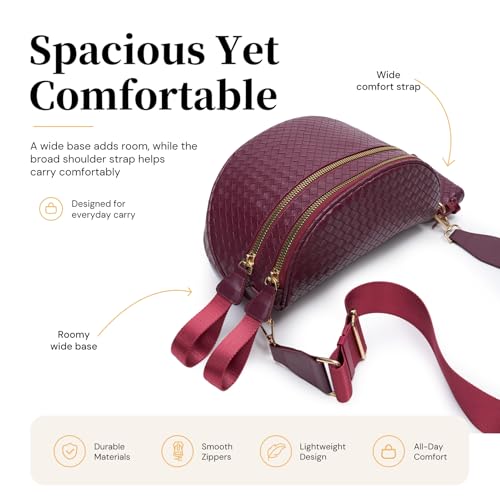 Woven Vegan Leather Bum Bag for Women, Crossbody Fanny Pack with Coin Purse | Removable 2-inch-wide strap adjusts to a 14–24.5-inch drop; dual zip compartments, reinforced hardware, 1.1-lb design - color: Burgundy