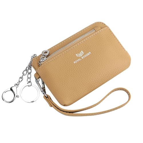 Royal Bagger Women's Genuine Leather RFID Coin Purse for Women, Multi-Zipper Clutch Wallet with Keychain & Wristlet 1903 (Apricot) - color: Apricot