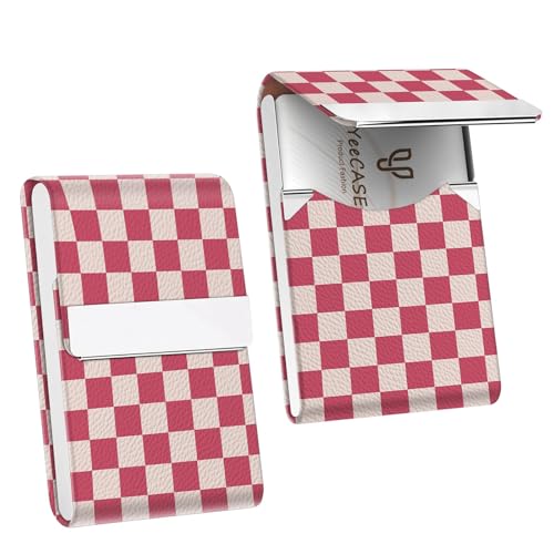 2Pack Leather Stainless Steel Business Card Holder, Metal Slim Business Card Case for Women or Men, Pocket Business Card Carrier with Prints, Magnetic Closure, RFID Blocking - color: Plaid-Pink