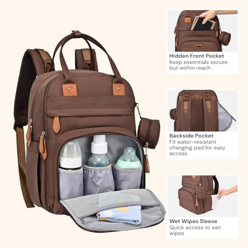 BabbleRoo Diaper Bag Backpack - Baby Essentials Travel Tote - Multi Function Water Resistant Diaper Bag, Travel Essentials Baby Bag with Changing Pad, Stroller Straps & Pacifier Case - Unisex, Brown - color: Coffee, size: Large