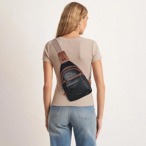 Leresas 7L Sling Bag for Women Crossbody Bag Sling Purse Fanny Packs Vegan Leather Chest Bag Trendy Handbag Travel Anti Theft - color: Black/Brown