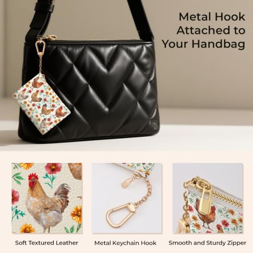 Chicken Rooster Keychain Coin Purse for Women, Small Change Pouch | Cute Floral Key Chain Purse, Mini Zipper Pocket, PU Leather, Travel Wallet for Girls, Coin Holder, Key Ring, Women Gifts - color: Chicken Rooster