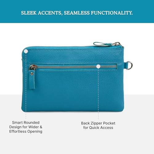 Leather Wristlet Wallet for Women Clutch Handbag Purse with Cell Phone Slot | Genuine Top Grain Leather, 8 Credit Card Slots, Detachable Strap, YKK Zipper, Gifts for Women - color: Air Blue Nappa