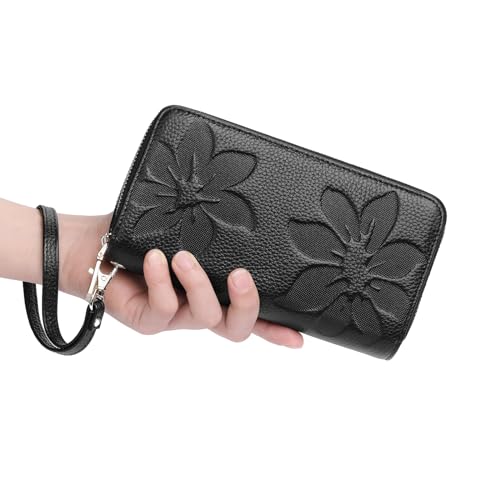 GOIACII Women's Wallet RFID Blocking Leather Wristlet | 2 Zip Around, Large Capacity, Credit Card Holder, Ladies Phone Clutch Purse - color: A01 Black