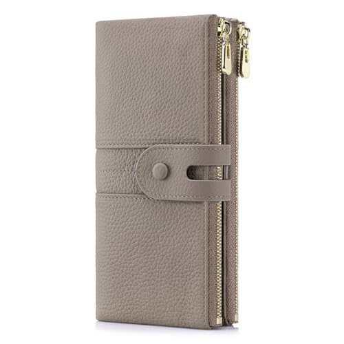 Large Capacity Wallets for Women Soft Leather RFID Blocking Long Wallet Ladies Bifold Clutch Purse Credit Card Holder with Double Zipper Pocket ID Window,Grey - color: Grey