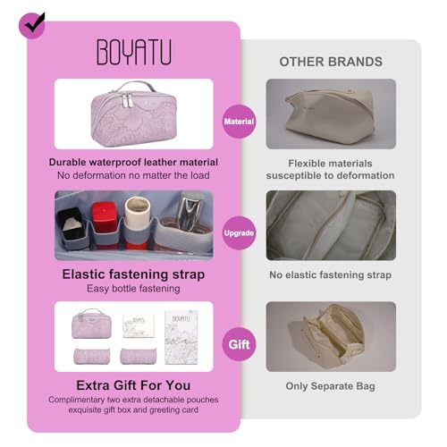 BOYATU Travel Makeup Bags Cosmetic Organizer Bag: 3-Set Make up Bag | Large Capacity PU Leather Toiletry Bags for Women - Wide Open Portable Pouch with Divider & Handle(Purple) - color: 01-Z-Light Purple