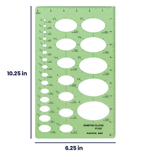 Pacific Arc Isometric Ellipse Guide Template, 27 Total Ellipse from 1/8 Inch to 2 Inch with Inch Graduations - style: Large Isometric Ellipses