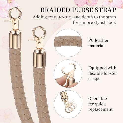 PATIKIL 2 Pcs Braided Purse Straps, 15.7 Inch Leather PU Braided Purse Replacement Handle with Metal Buckles for Handbag Underarm Bags Tote, Khaki - color: Khaki