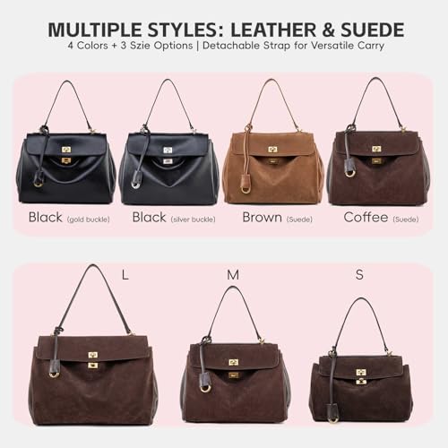 Suede & Leather Tote Bag for Women,Soft Leather Shoulder Handbags for Ladies,Satchel Purse for Travel Work - color: M Coffee & Gold Clasp