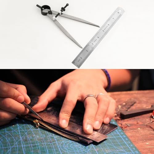 6 Inch Adjustable Lockable Steel Divider Wing Leather Compass with 8 Inch Stainless Steel Ruler for Leather Work, Woodworking, Metalworking and Geometry Drawing