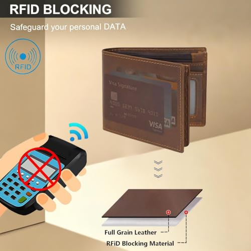 Men's RFID Blocking Wallet Cowboy Genuine Natural Crazy Horse Leather Bifold Wallet for Men With Zipper (Dark Brown) - color: Dark Brown