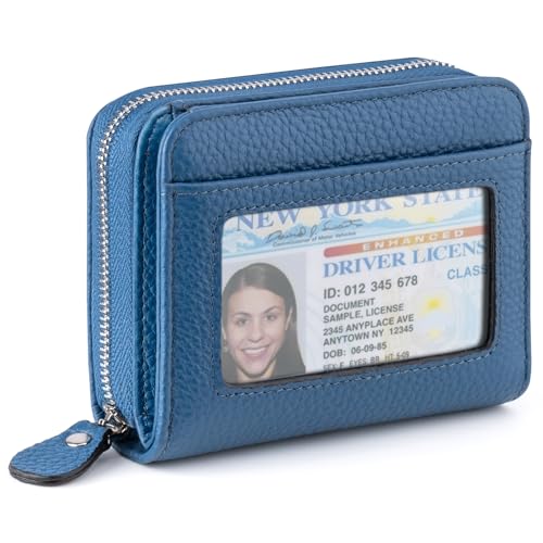 XINNSTAR Genuine Small Wallet for Women, Slim RFID Blocking Credit Card Holder with ID Window, Compact Purses for Women with 9 Card Slots - color: Blue