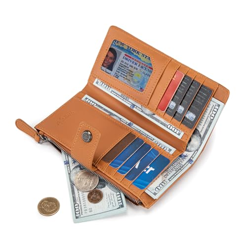 Montana West X Wrangler Womens Wallet Large Capacity Long Compact | Brown Bifold Card Cases & Money Organizers Compact Ladies Female Minimalist Wallet with ID Window and Zipper Pocket - color: Bifold-Brown