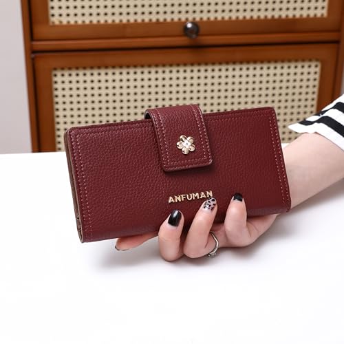 Long Wallets for Women Rfid Blocking Leather Multi Card Holder Wallet Clutch Ladies Wallet Zipper Pocket with ID Window Claret - color: Claret