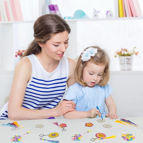 Cinrobiye 24 Set Mother’s Day DIY Wooden Keychain Craft Kit, Bulk Gifts for Mom, Classroom Activity Set with Tassels, Beads & Colored Pens, Handmade Party Favors - style: Mom2