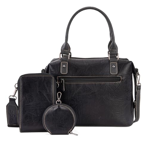 Wrangler 3Pcs Doctor Bag Sets for Women Top-handle Satchel Bag with Cell Phone Handbag and Coin Purse - color: Eye-catching Black