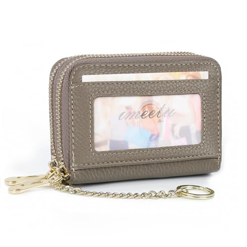 imeetu Rfid Credit Card Holder, Businese Card Case, Wallet for Women Men | Genuine Leather Card Wallet with id Window, Keychain & Double Zipper, Water-resistan Small Wallet with Gift Box, Daily Travel - color: Max - Grey