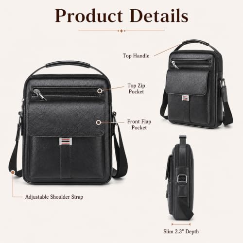 Small Crossbody Bag, Mens Shoulder Bag, Vintage leather Bag Office Business for Men, Handbag Purse Zipper - color: Black-2