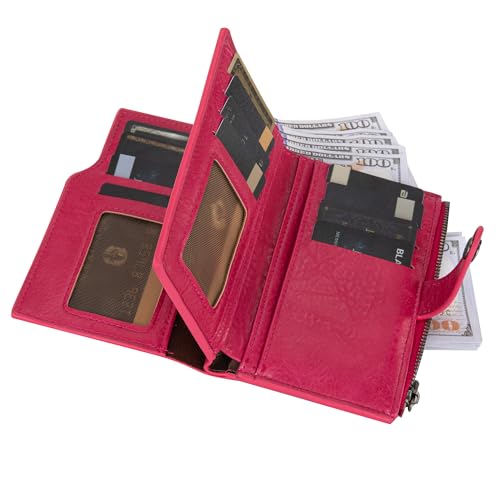 Wrangler Wallet for Women Bifold Card Holder with Zipper and ID Window - color: A-Hot Pink