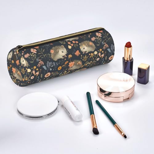 OSAM SPACE Leather Pencil Case Round Pencil Bag Hedgehogs Flowers Pumpkins Pen Organizer Holder Portable Zipper Pouch Cute School Supplies for Girls Boys Study Office - color: Hedgehogs Flowers Pumpkins