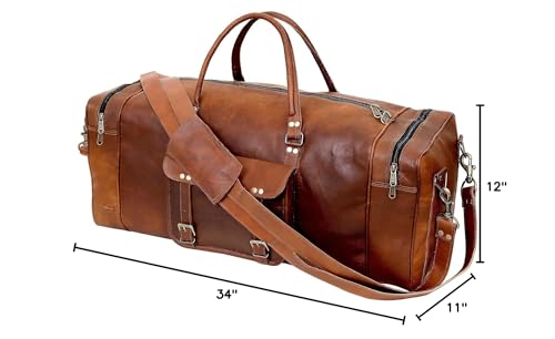 Leather Duffle Bag for Men Luggage Handmade Travel Bag Carry On Luggage Weekender Bags Overnight Gym Sports Cabin Holdall Bag For Airplanes Men And Women (34 Inch Brown) - size: 34 inch
