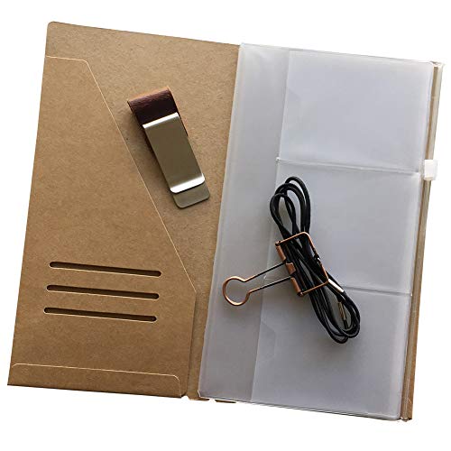 Travelers Notebook Accessories Kit - Kraft File Folder, Zipper Case, Pen Holder, Binder Clip and 2 Elastic Bands - size: Standard Size